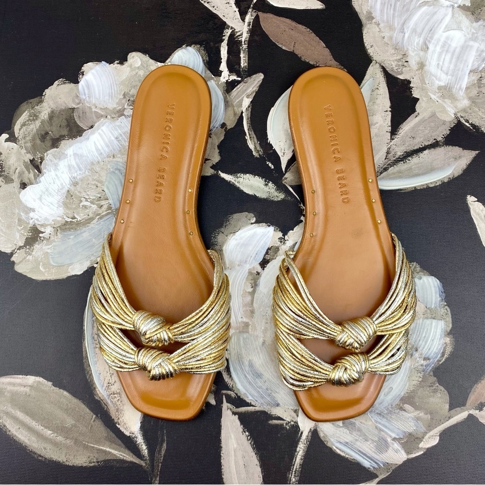 NWOB Veronica Beard Gemma Metallic Knotted Sandals In Gold Silver Size 6. - Picture 3 of 10